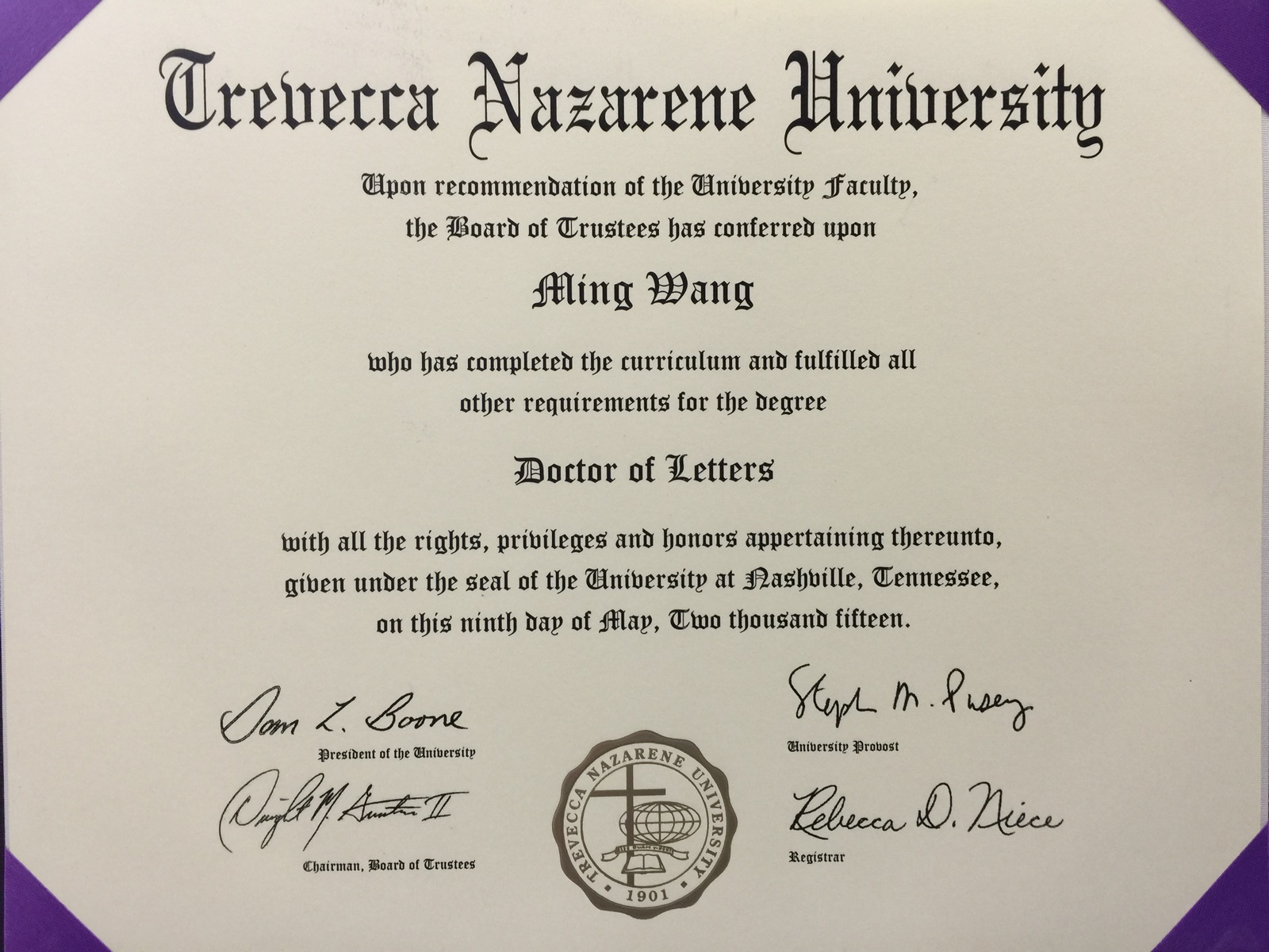 Dr Wang honorary doctorate degree from Trevecca University_2